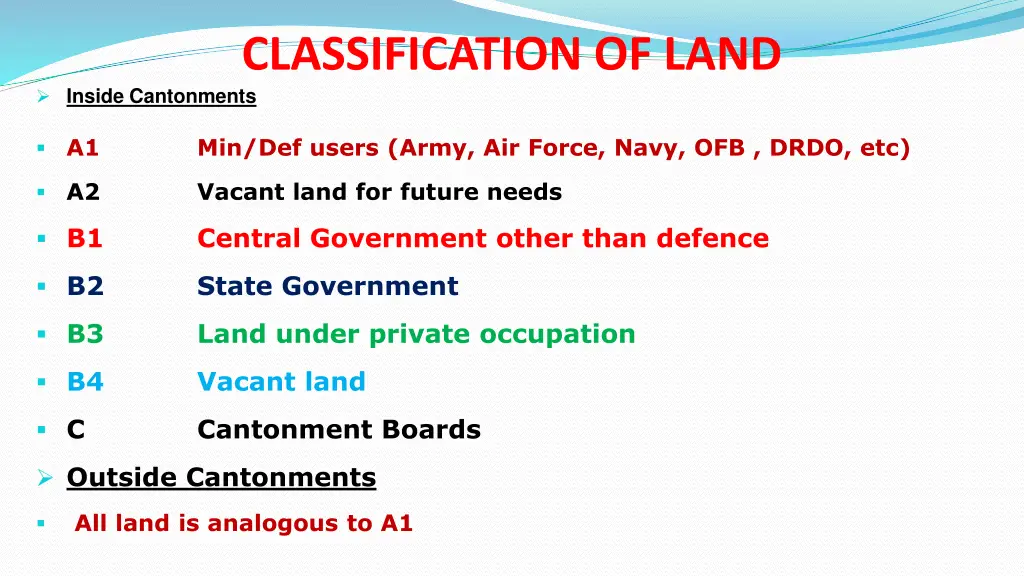 classification of land inside cantonments