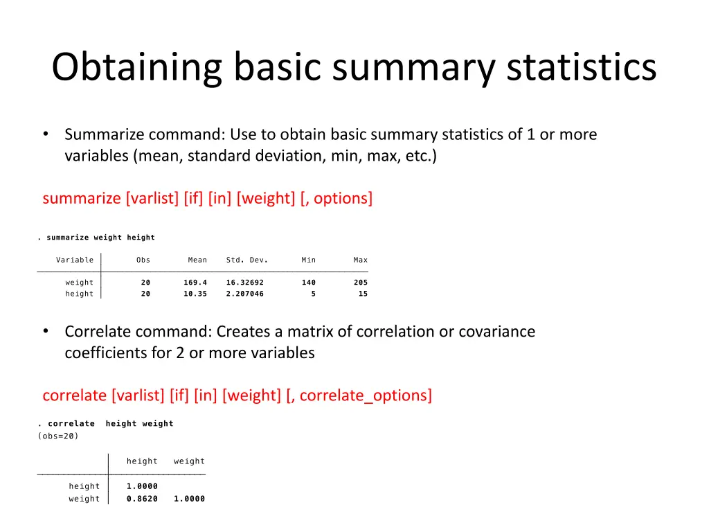 obtaining basic summary statistics