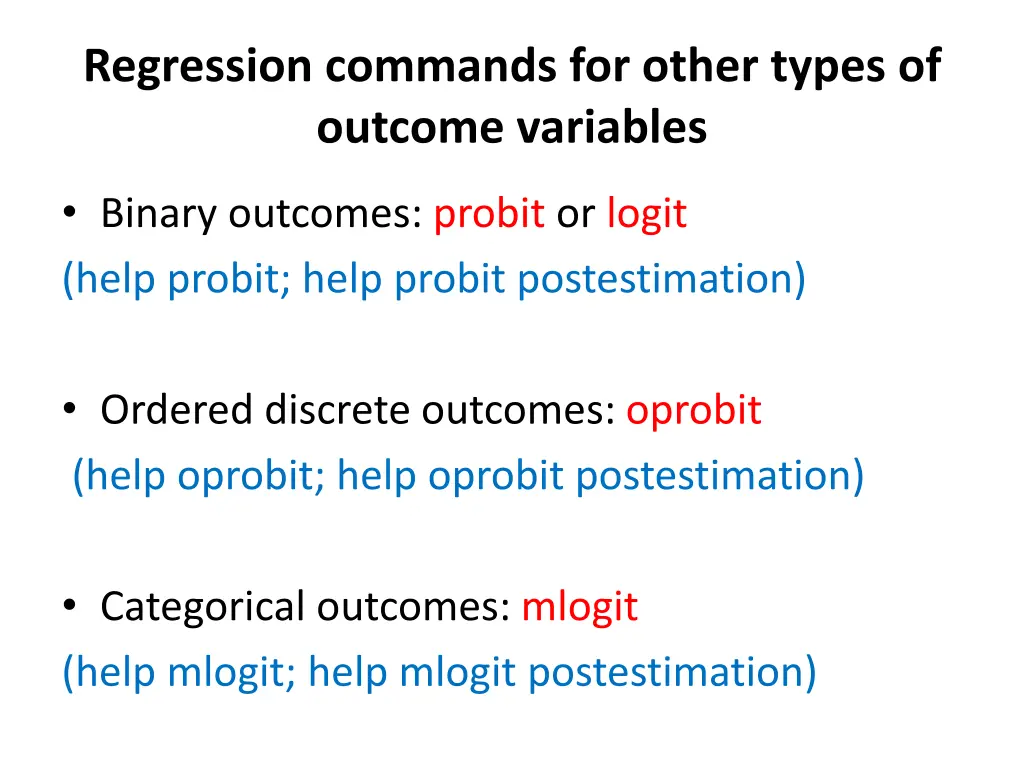 regression commands for other types of outcome