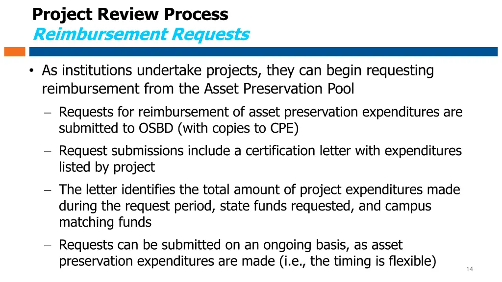 project review process reimbursement requests