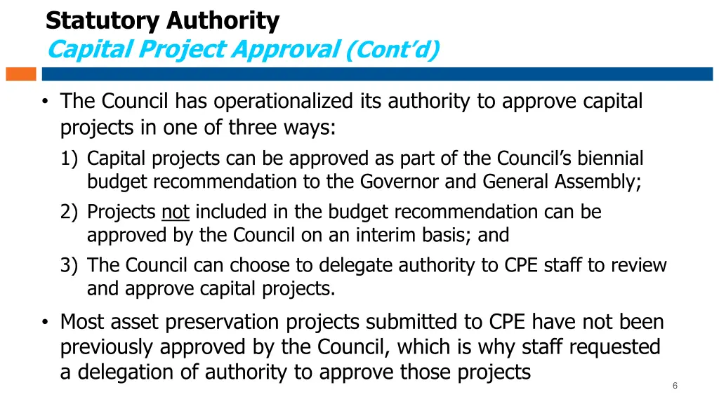 statutory authority capital project approval cont