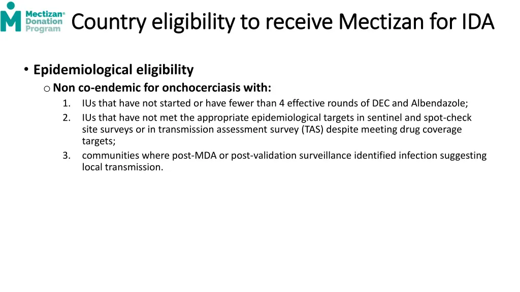 country eligibility to receive mectizan