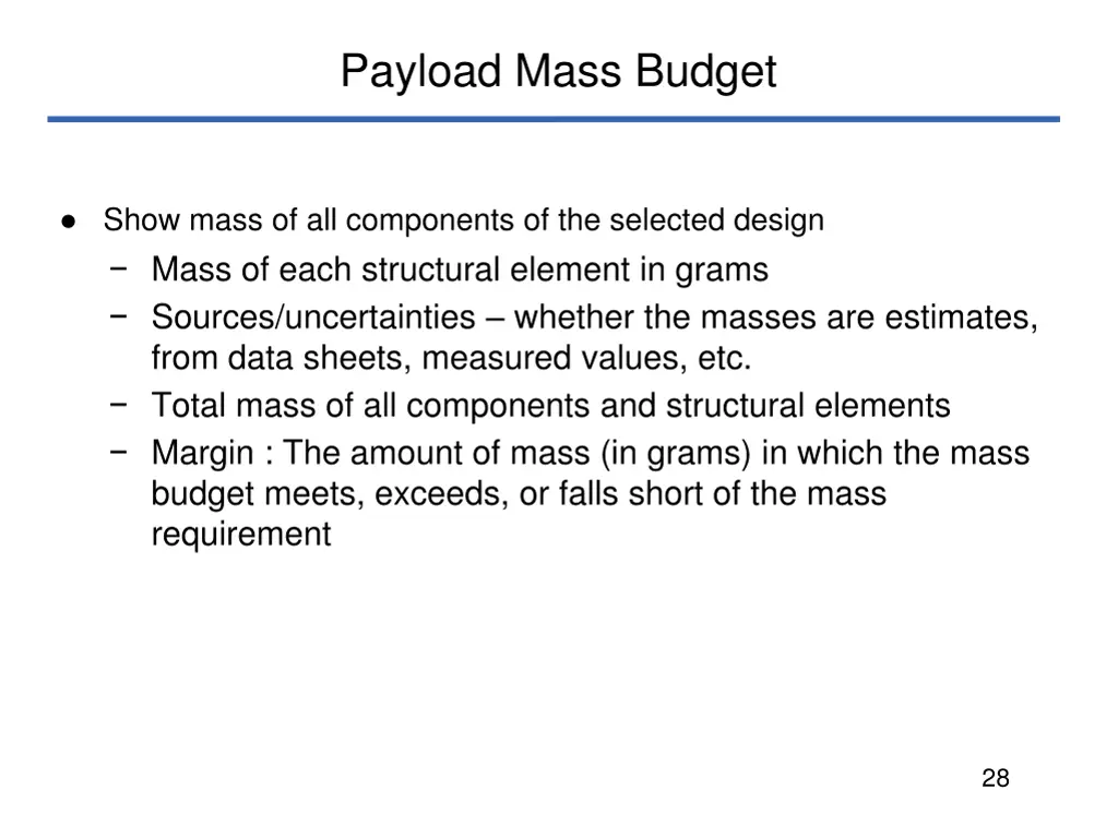 payload mass budget