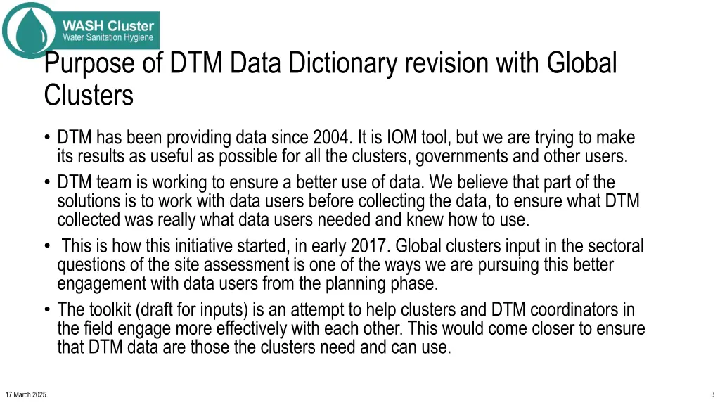 purpose of dtm data dictionary revision with