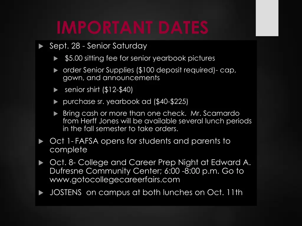 important dates sept 28 senior saturday