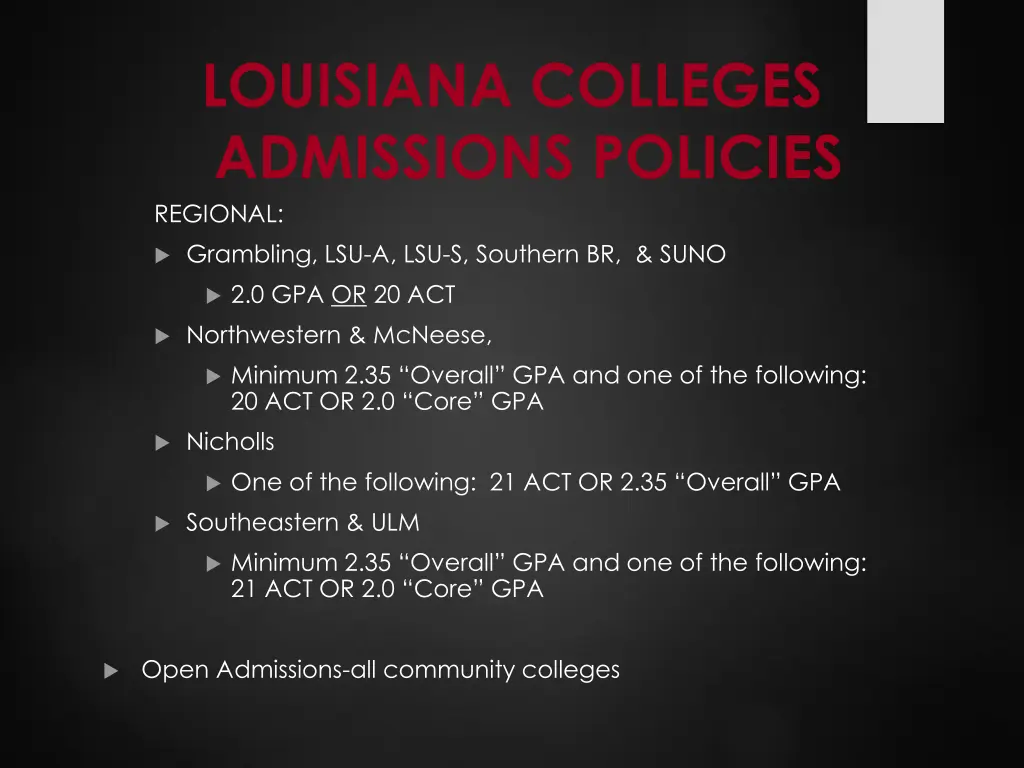 louisiana colleges admissions policies regional