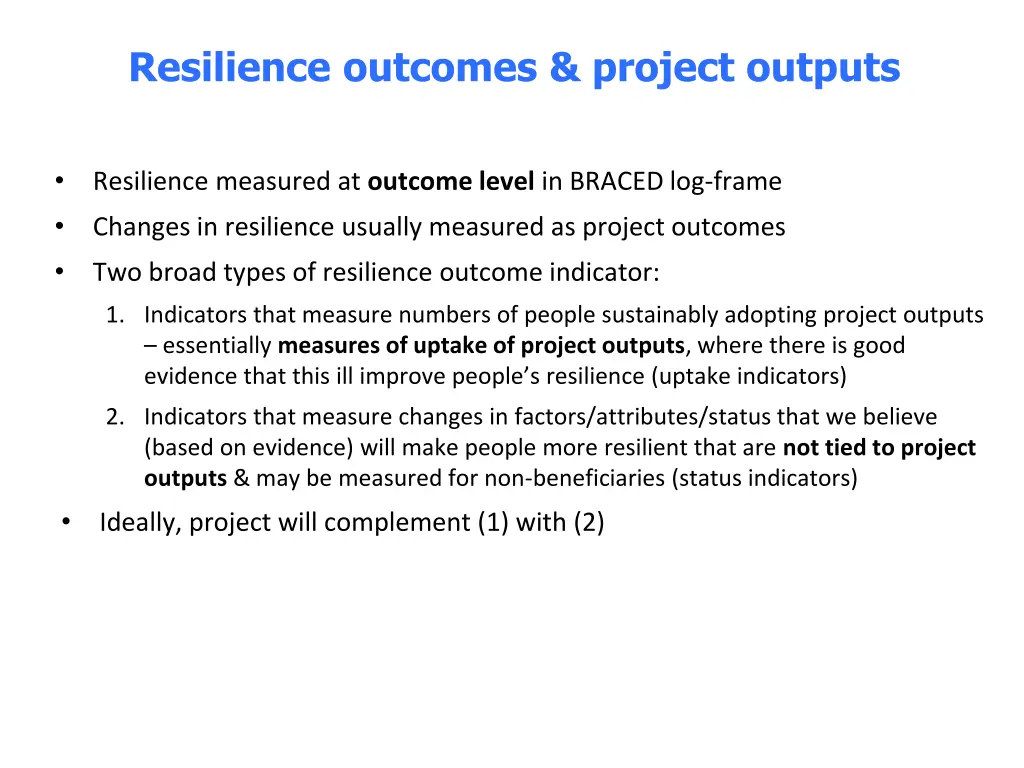 resilience outcomes project outputs