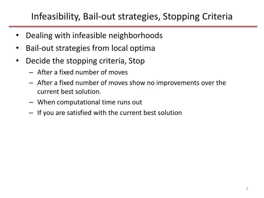 infeasibility bail out strategies stopping