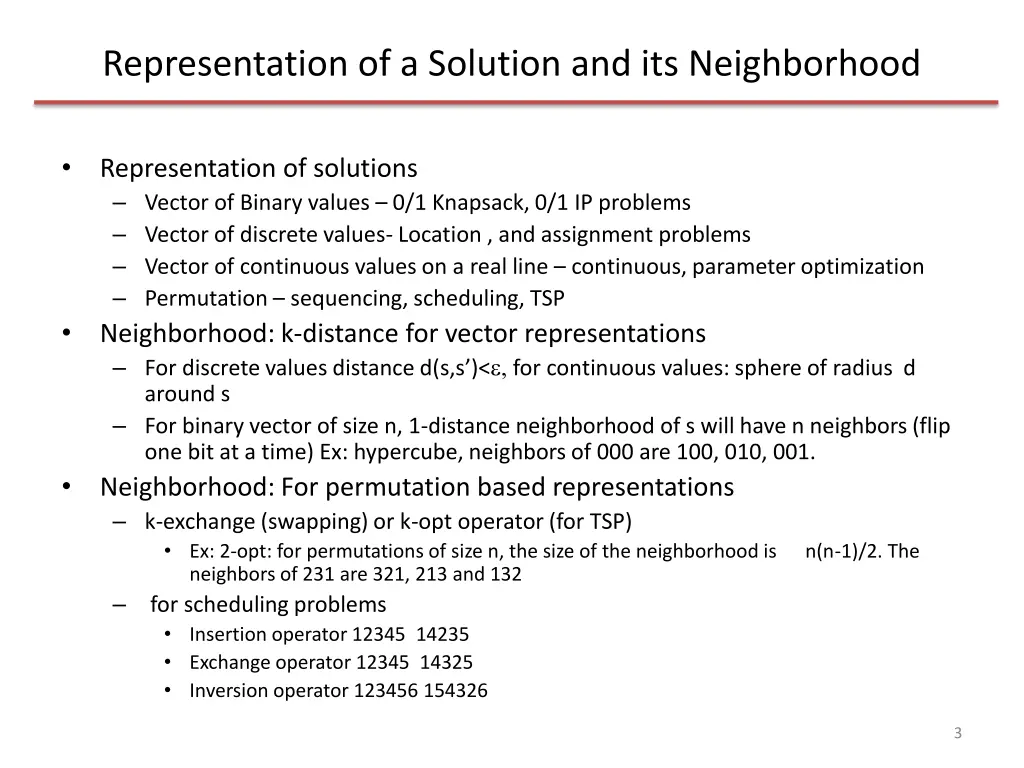 representation of a solution and its neighborhood