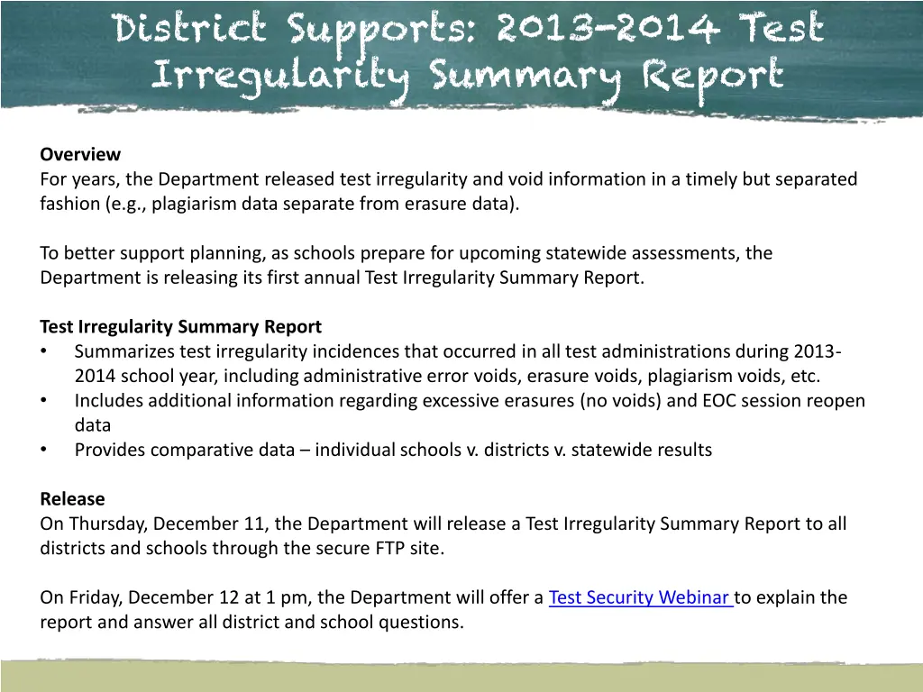 district supports 2013 2014 test irregularity