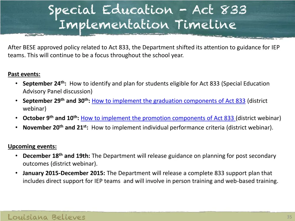 special education act 833 implementation timeline