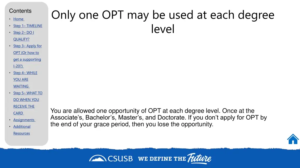 only one opt may be used at each degree level