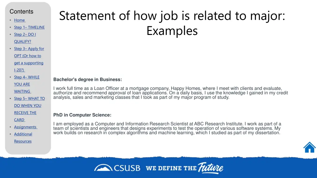 statement of how job is related to major examples