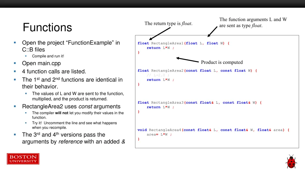 the function arguments l and w are sent as type