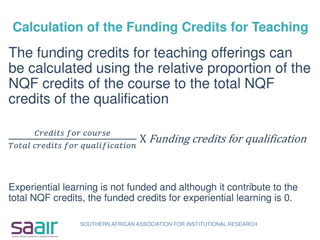 calculation of the funding credits for teaching
