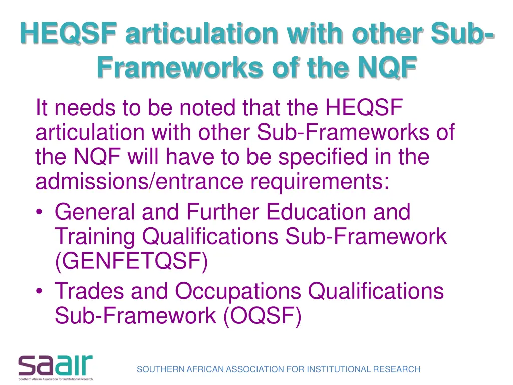 heqsf articulation with other sub frameworks