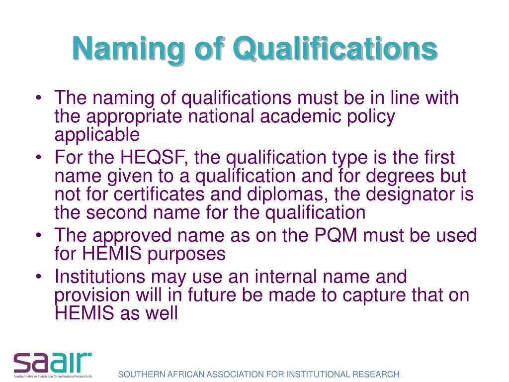 naming of qualifications
