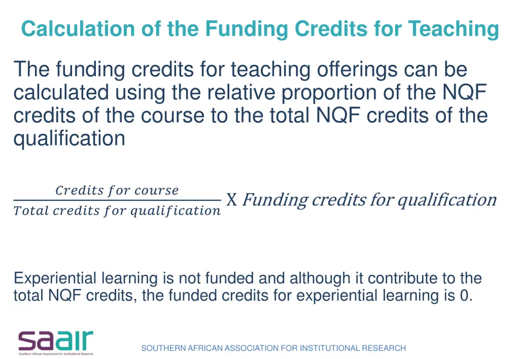 calculation of the funding credits for teaching