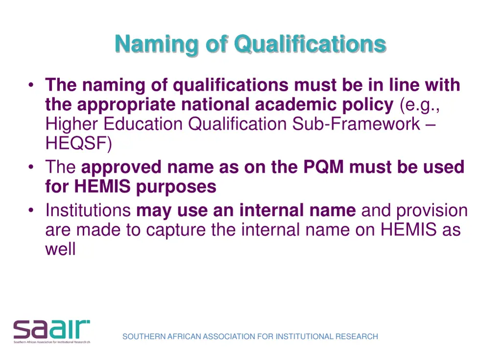naming of qualifications