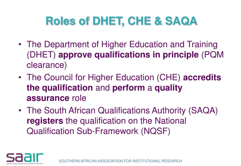 roles of dhet che saqa