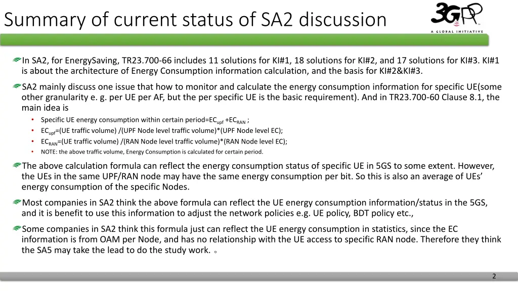 summary of current status of sa2 discussion