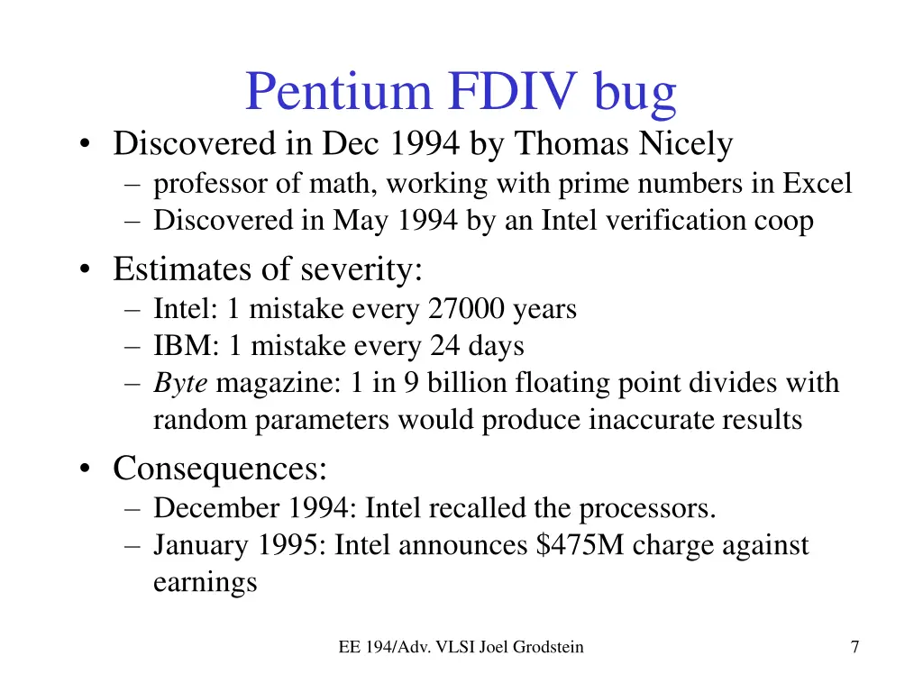 pentium fdiv bug discovered in dec 1994 by thomas