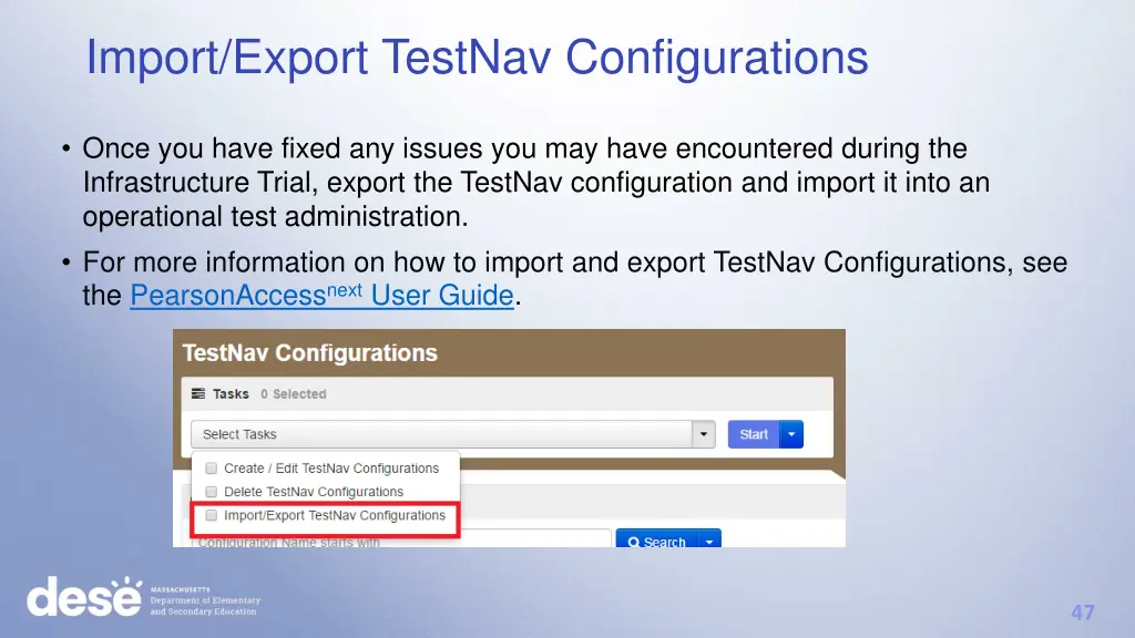 import export testnav configurations