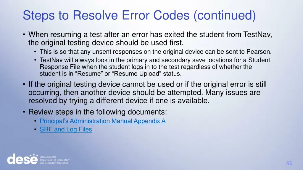 steps to resolve error codes continued