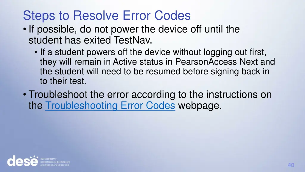 steps to resolve error codes if possible