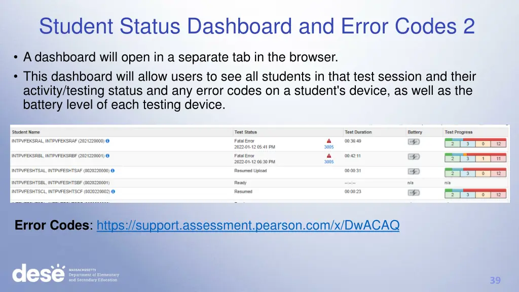 student status dashboard and error codes 2