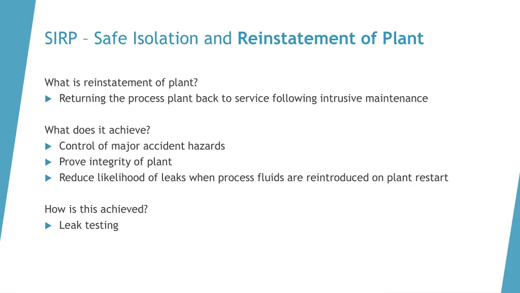 sirp safe isolation and reinstatement of plant