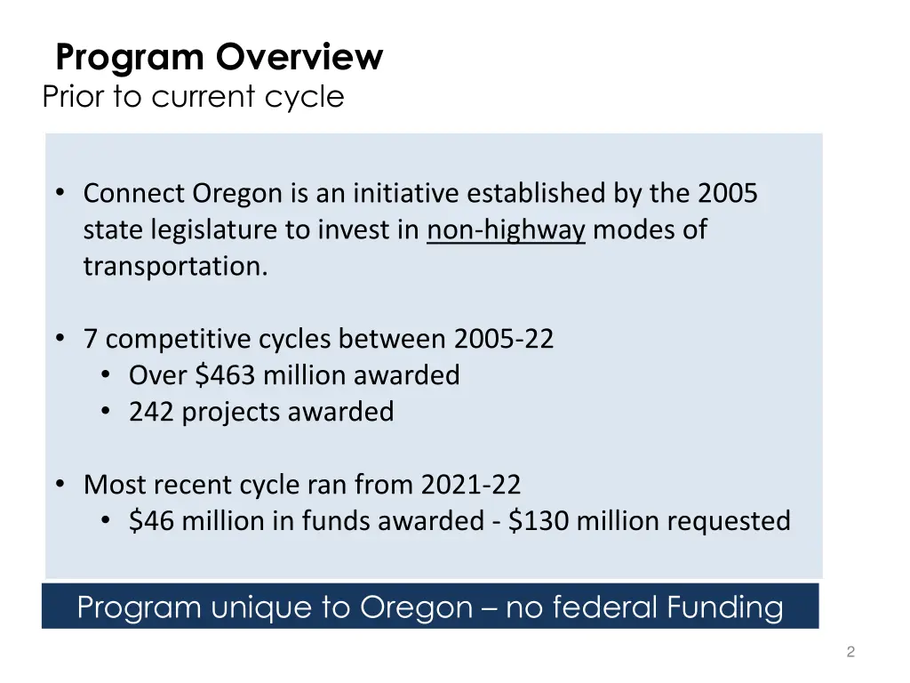 program overview prior to current cycle