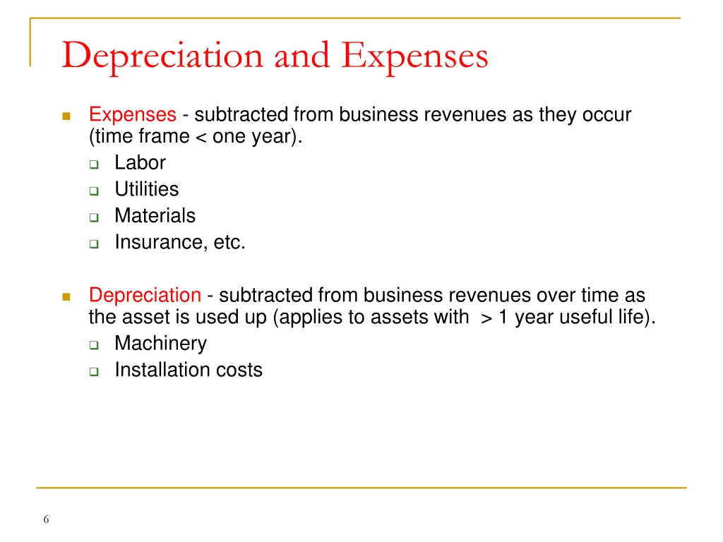 depreciation and expenses