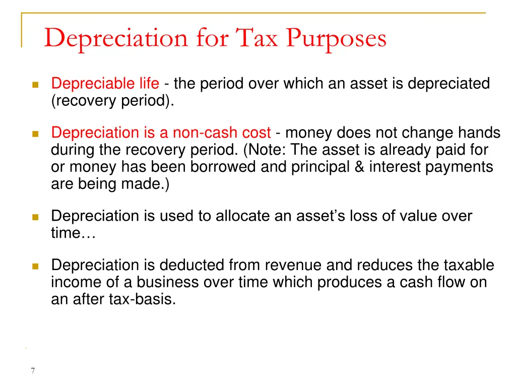depreciation for tax purposes