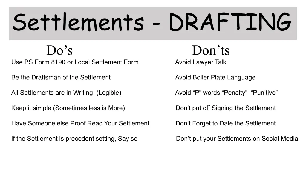 settlements drafting do s don ts use ps form 8190