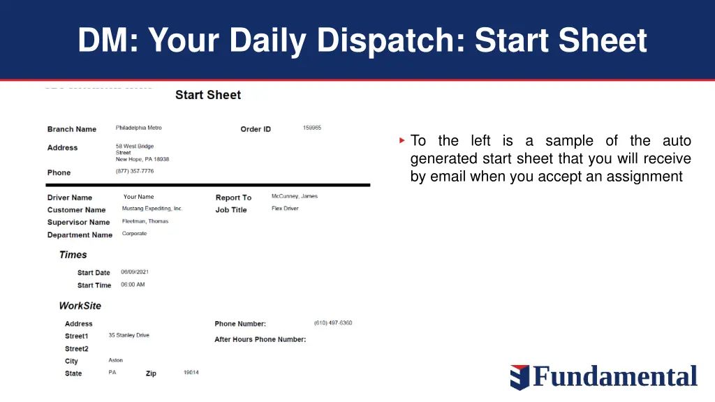 dm your daily dispatch start sheet