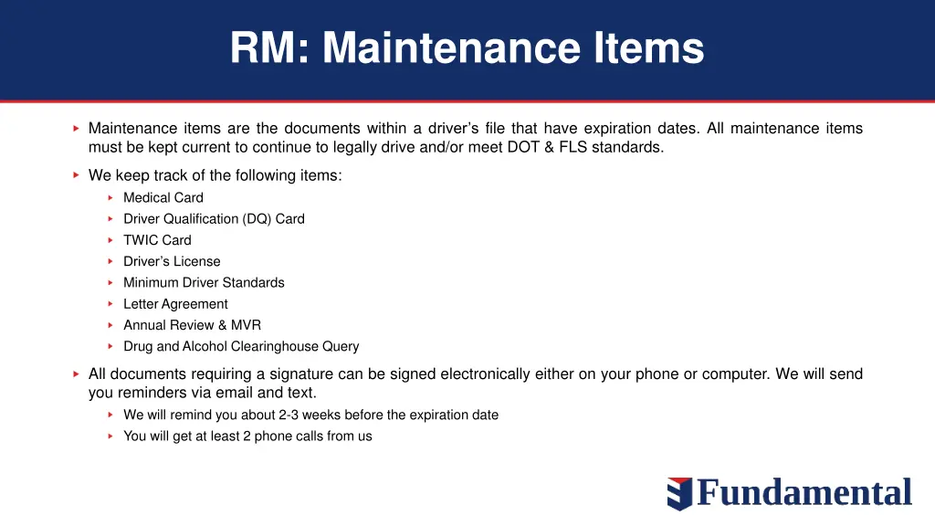 rm maintenance items