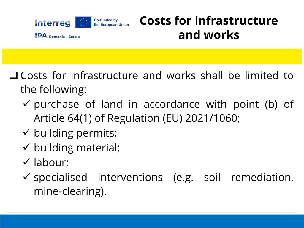 costs for infrastructure and works