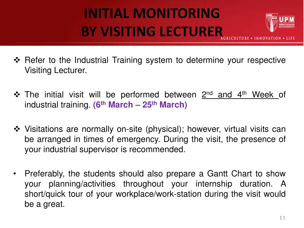 initial monitoring by visiting lecturer