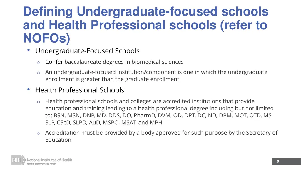 defining undergraduate focused schools and health