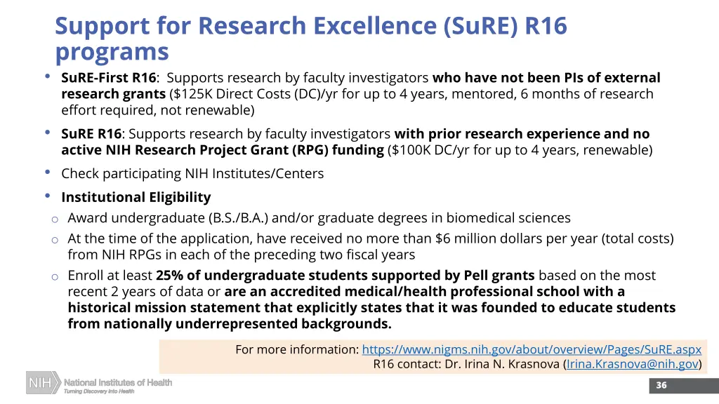 support for research excellence sure r16 programs