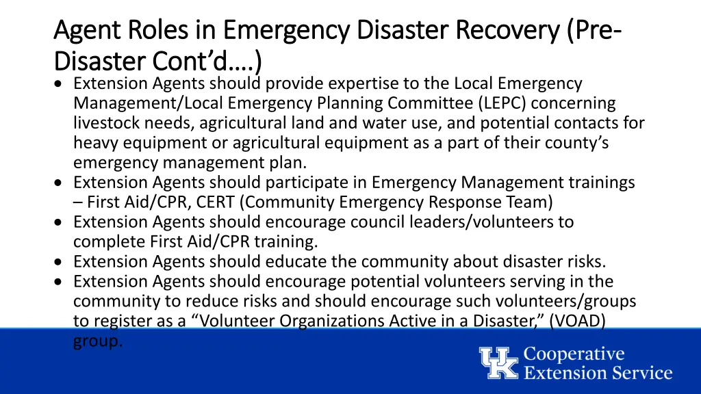 agent roles in emergency disaster recovery