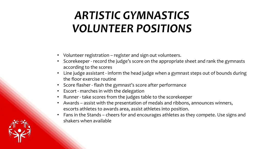 artistic gymnastics volunteer positions