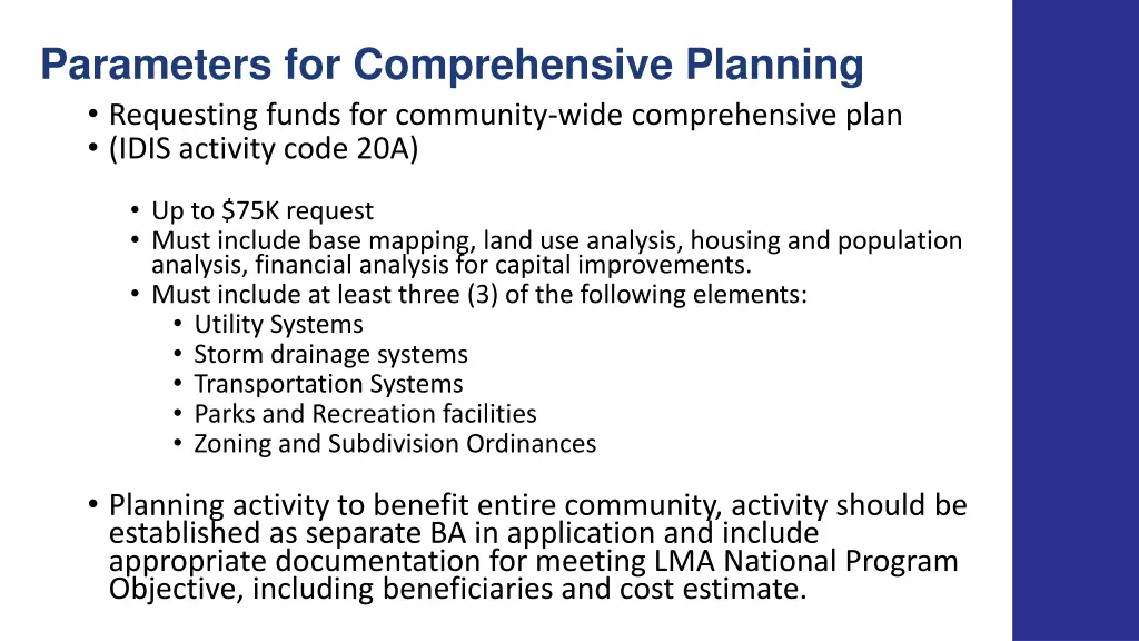 parameters for comprehensive planning requesting