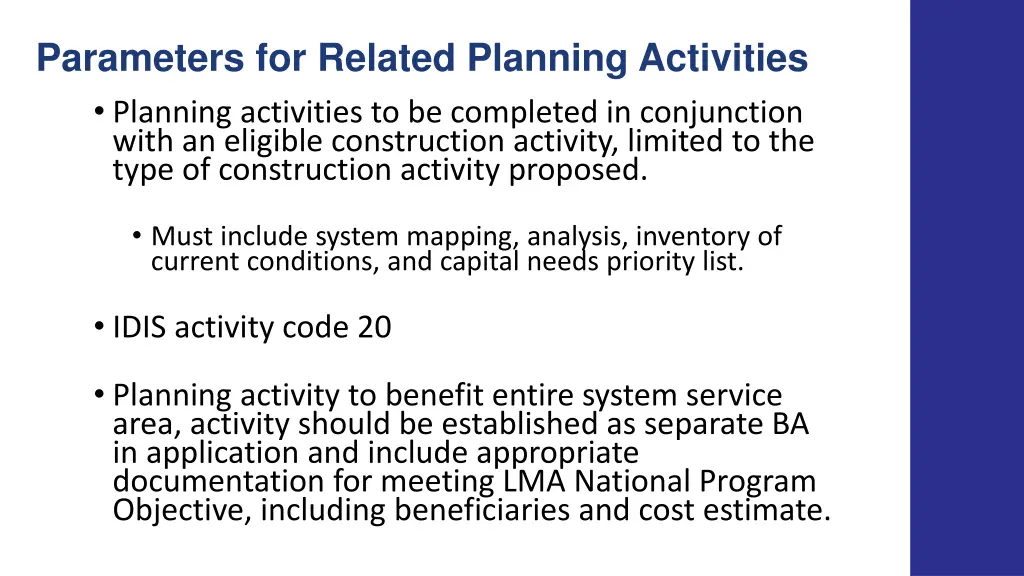 parameters for related planning activities