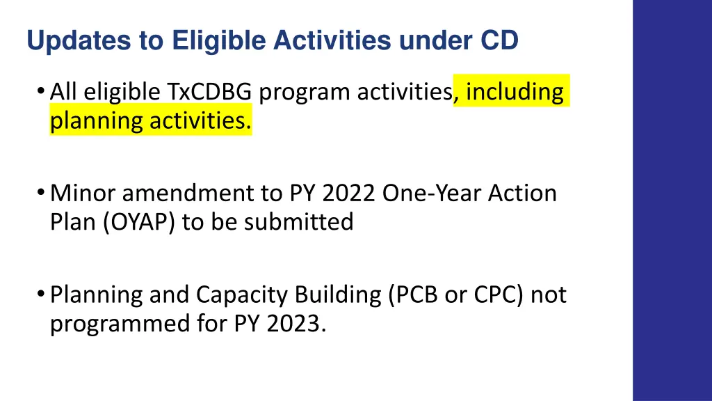 updates to eligible activities under cd
