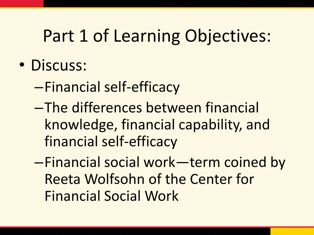 part 1 of learning objectives discuss financial