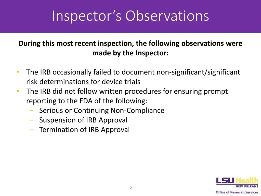 inspector s observations