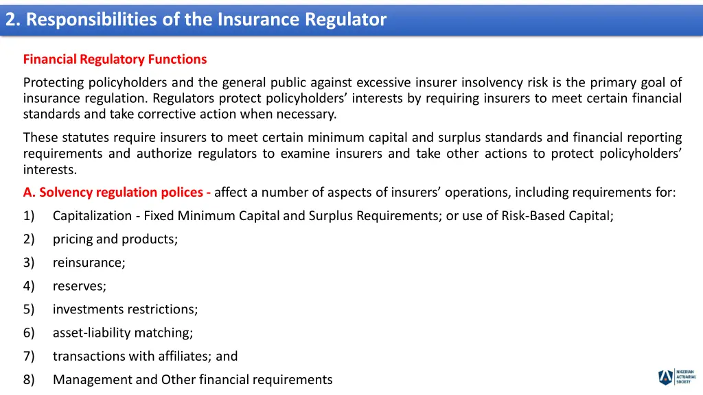2 responsibilities of the insurance regulator 1