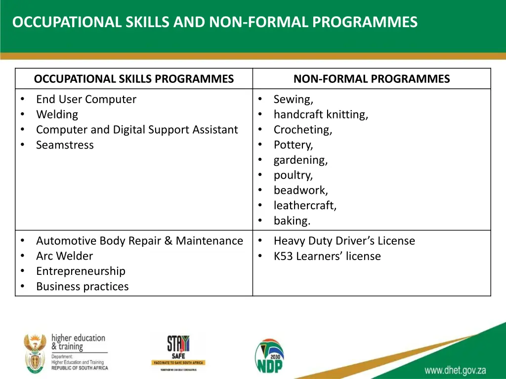 occupational skills and non formal programmes